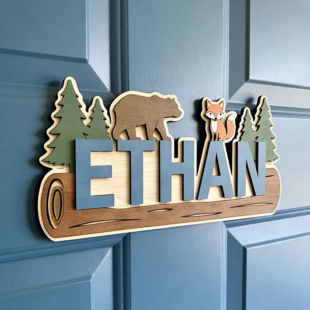Baby Nursery Artwork - Woodland Forest Animal Personalized Name Wooden