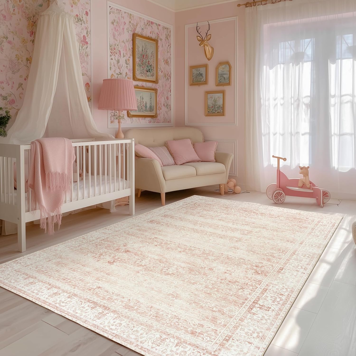 Soft Rug Nursery - Vintage Pink Floral Area Rug 6x9,