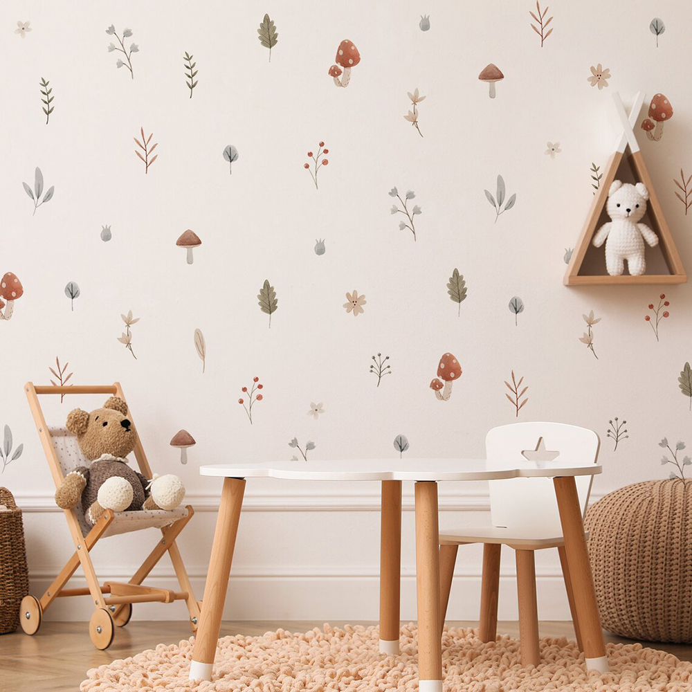Baby Nursery Artwork - Boho Cartoon Mushroom Branch Leaves Flowers