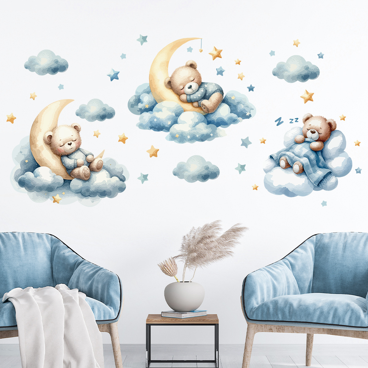 Baby Nursery Artwork - Watercolor Bear Sleep Moon Cloud Wall