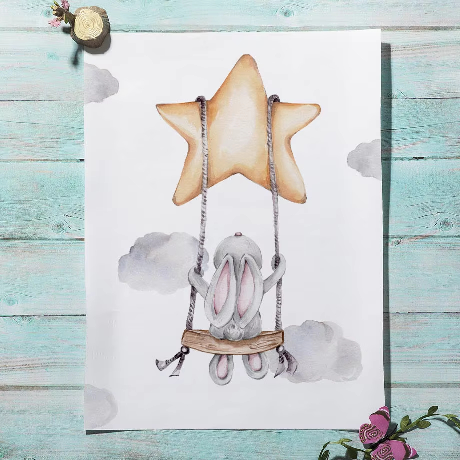 Cute Watercolor Rabbit Moon St - Baby Nursery Mirror ulasan dan harga