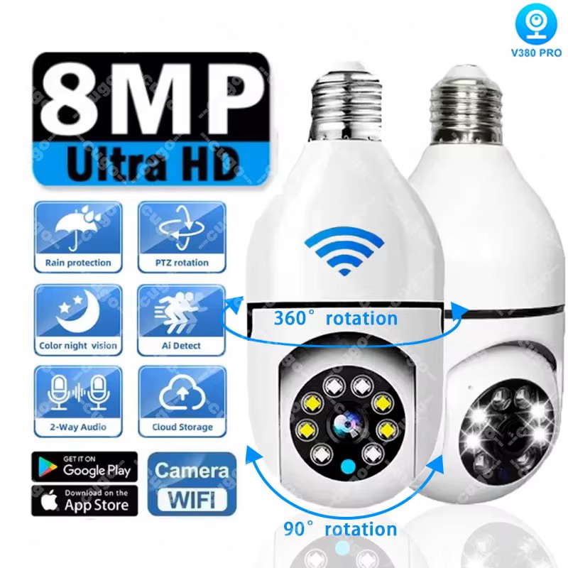 8MP E27 Bulb Surveillance Came - Baby Monitor Split Screen ulasan dan harga
