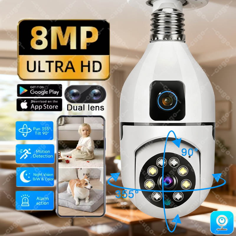 8MP WiFi IP Camera E27 Bulb Du - Baby Monitor Split Screen ulasan dan harga